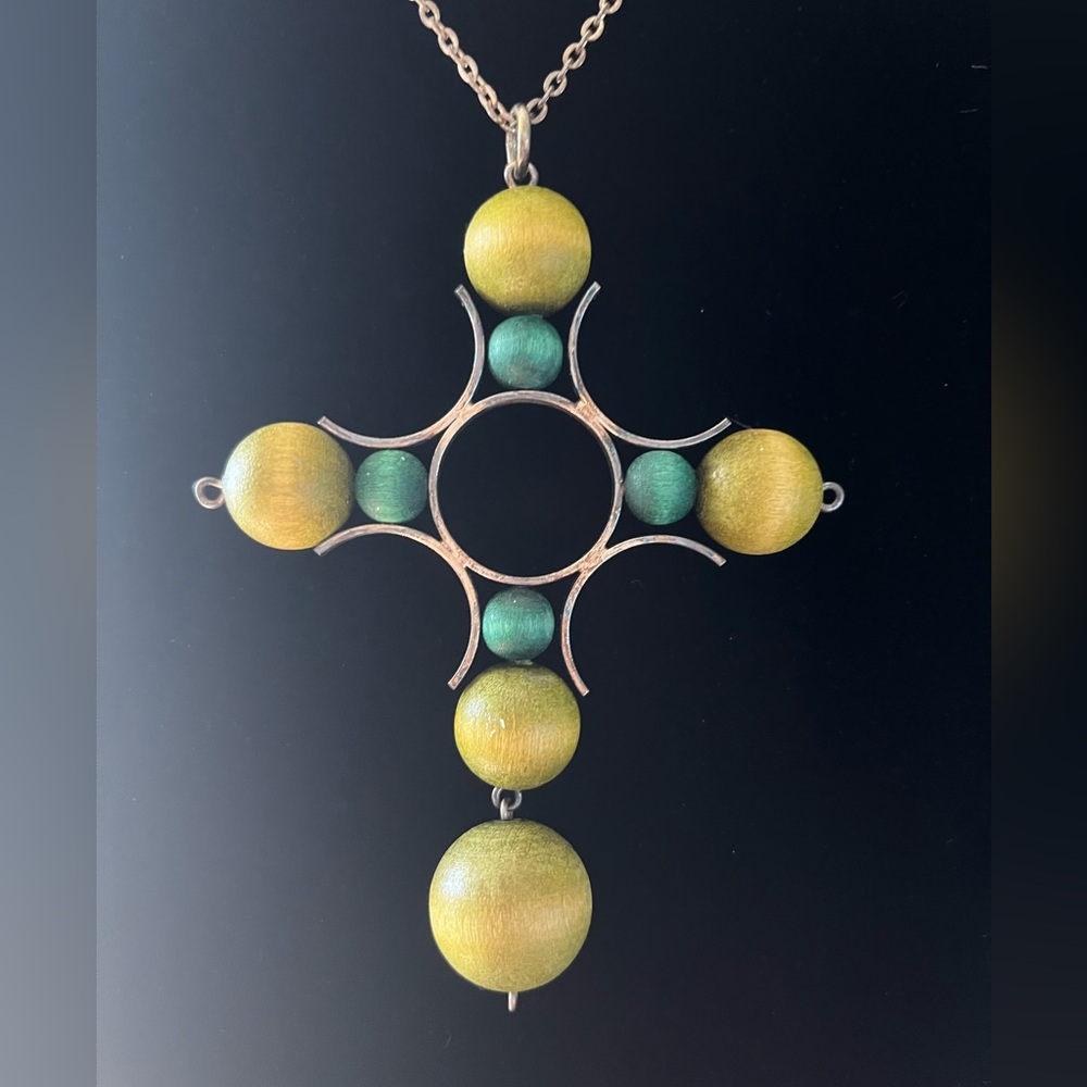 FINLAND 🇫🇮 KAIJA AARIKKA Vtg. Wooden Beads Cross Pendant Necklace